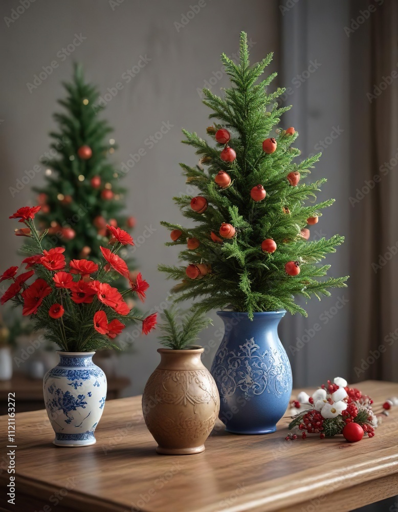 A small Christmas tree on a table with decorative vases and flowers, holiday, decoration, ornaments A small Christmas tree on a table with decorative vases and flowers, holiday, decoration, ornaments