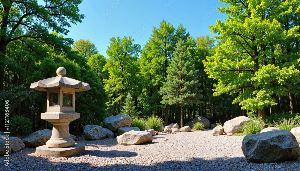Japanese stone lantern surrounded by greenery under sunlight Japanese stone lantern surrounded by greenery under sunlight