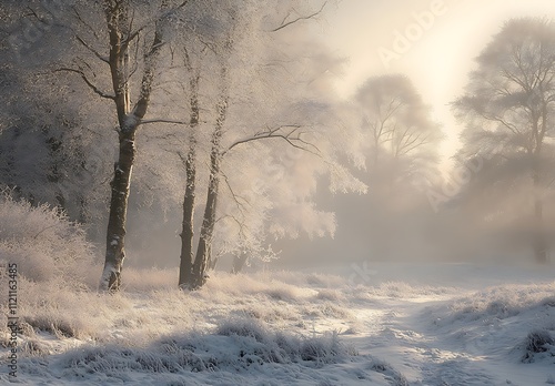 A snowy landscape with tall trees covered in snow, christmas background