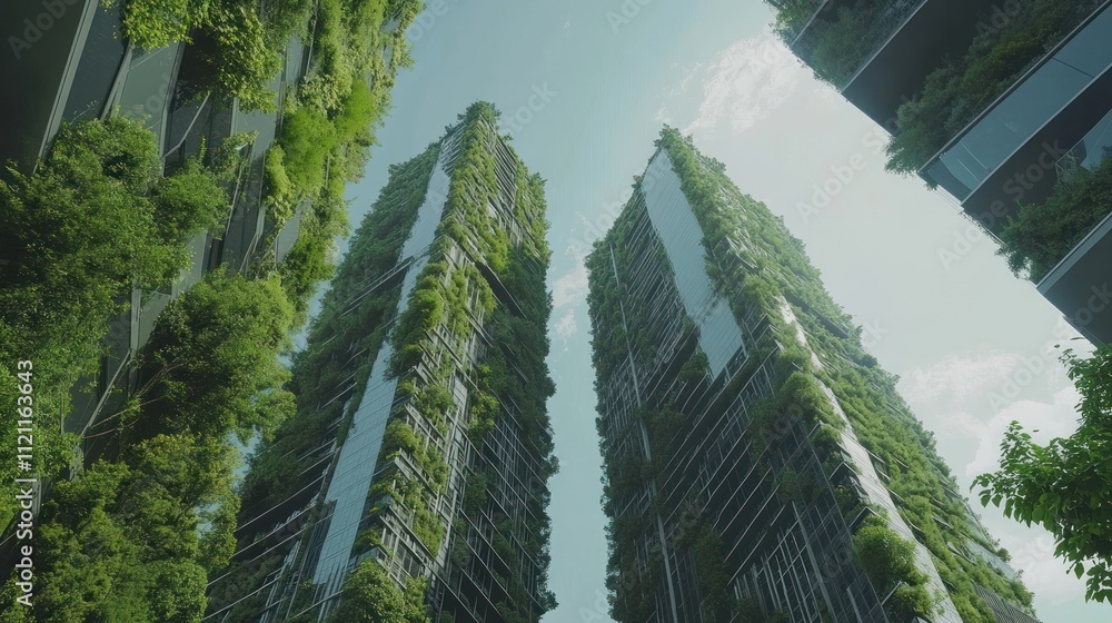 Two Green Vertical Buildings Reach Towards A Sunny Sky Two Green Vertical Buildings Reach Towards A Sunny Sky
