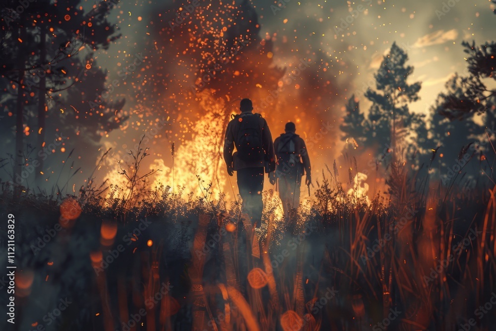 Fototapeta premium Devastating forest fire a ground level view of flames consuming trees and grass in the wilderness