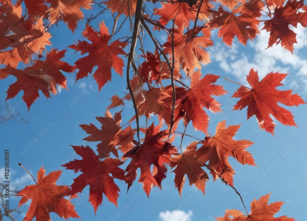 Crumbling red maple leaves against a blue sky, soft focus, tree branches, natural elements Crumbling red maple leaves against a blue sky, soft focus, tree branches, natural elements
