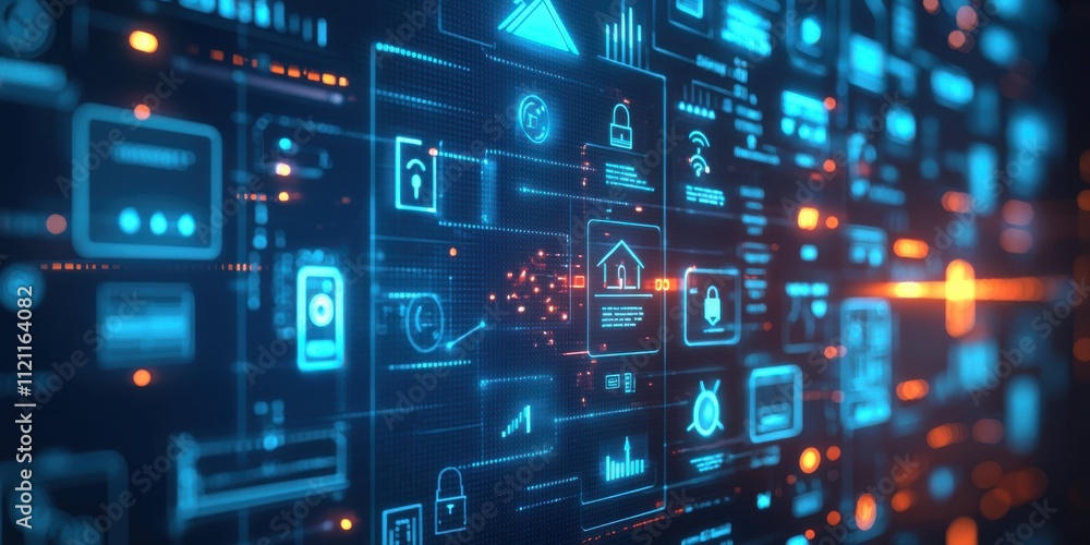 Futuristic digital smart home interface with glowing technology icons Futuristic digital smart home interface with glowing technology icons