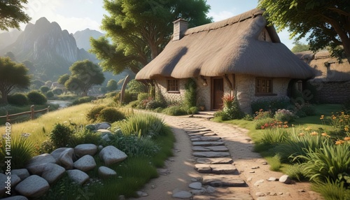 Rustic thatched roof cottage with a winding stone path , earthy tones, cottage door photo