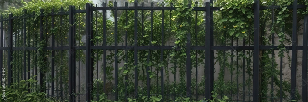 Dense green climbing vine wraps around iron black bar fence, house fence, green leaves Dense green climbing vine wraps around iron black bar fence, house fence, green leaves