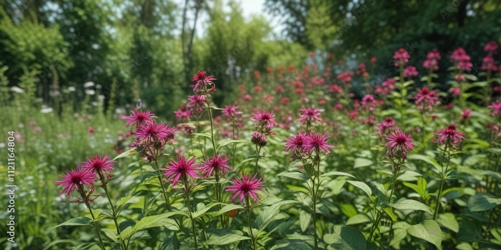 Photo of Beebalm flowers in a garden with a variety of other plants and trees, landscape, beebalm