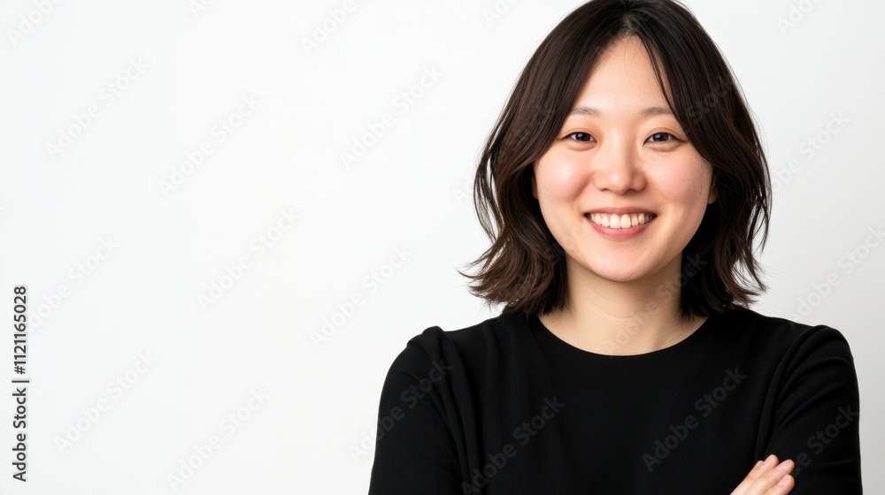 Smiling Woman with Short Hair in Black Top Against White Background Smiling Woman with Short Hair in Black Top Against White Background