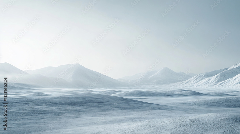 Snow-covered mountains and vast plains create a serene winter landscape in soft light Snow-covered mountains and vast plains create a serene winter landscape in soft light
