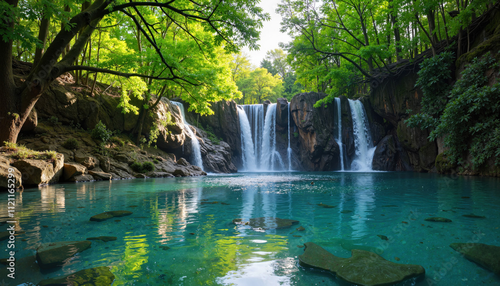 Fototapeta premium Crystal-clear waterfall surrounded by lush greenery