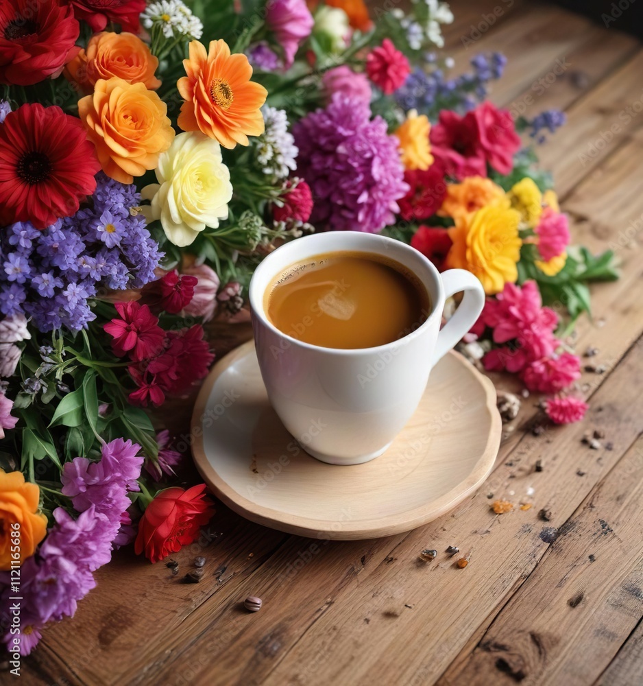 Cup of rich aromatic coffee cup resting against a colorful arrangement of fresh flowers on a wooden table, wooden table, coffee cup, coffee shop Cup of rich aromatic coffee cup resting against a colorful arrangement of fresh flowers on a wooden table, wooden table, coffee cup, coffee shop