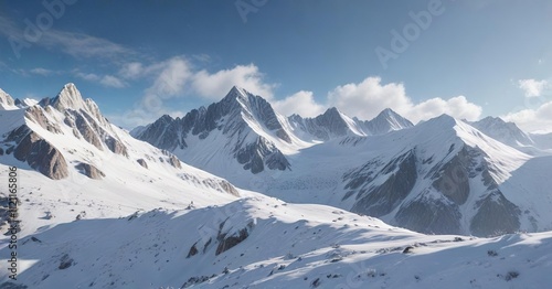 Wallpaper Mural Snowy mountains with icy peaks stretching towards the sky and covered in a thick layer of fresh snowflakes, frosty forest, mountain range, serene scene Torontodigital.ca