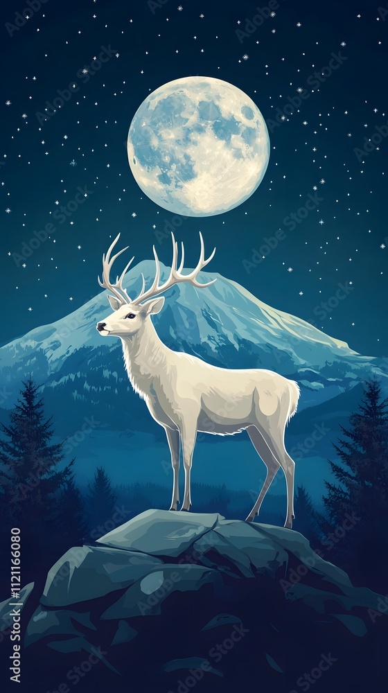 A majestic white deer with perfect antlers, on the mountain and the beautiful view of the full moon at night A majestic white deer with perfect antlers, on the mountain and the beautiful view of the full moon at night