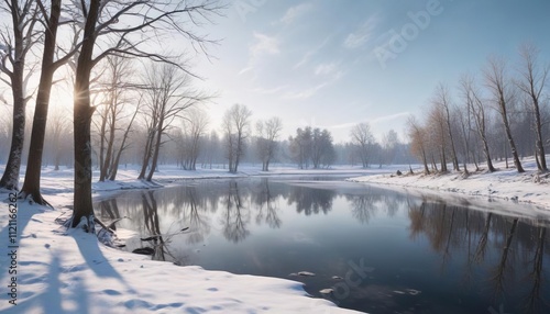 Snowy landscape with bare trees and a frozen lake, serene atmosphere, frosty landscape