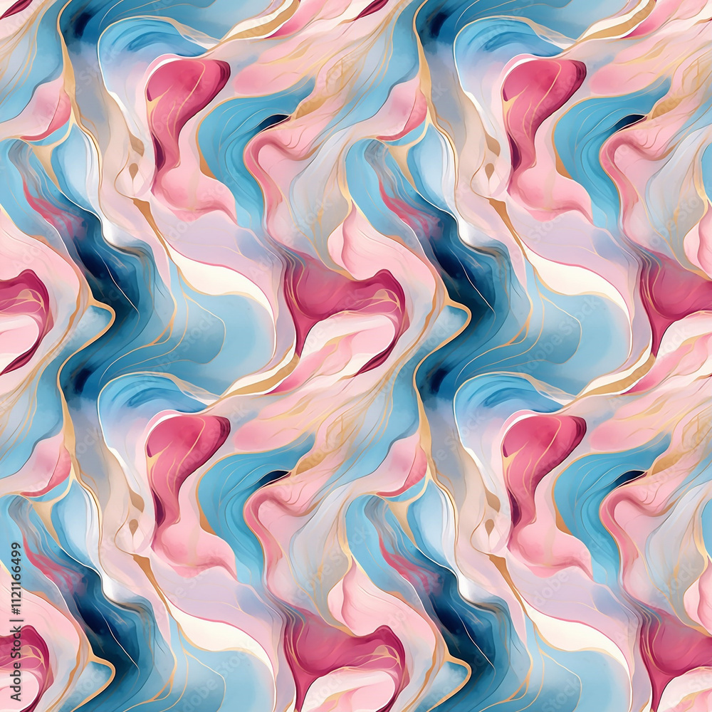 Obraz premium Fluid colors twist and swirl in a seamless abstract pattern, evoking dreams and tranquility with vibrant strokes of pink, blue, and gold artistry