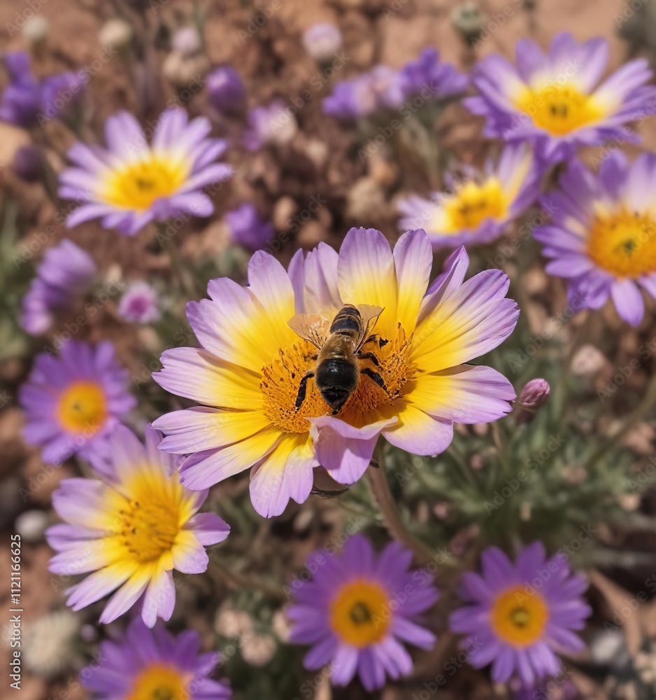 Honeybee amidst the vibrant purple and yellow hues of Chylismia brevipes Mojave suncup blooms in the desert landscape, wildlife , blossoms Honeybee amidst the vibrant purple and yellow hues of Chylismia brevipes Mojave suncup blooms in the desert landscape, wildlife , blossoms