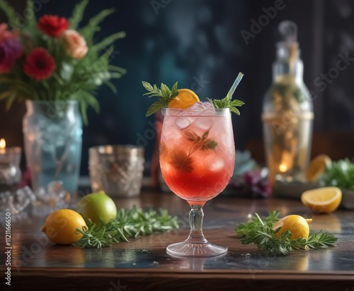 Icy cocktail garnished with fragrant herb and perched upon a richly decorated table, festive cocktail, ice