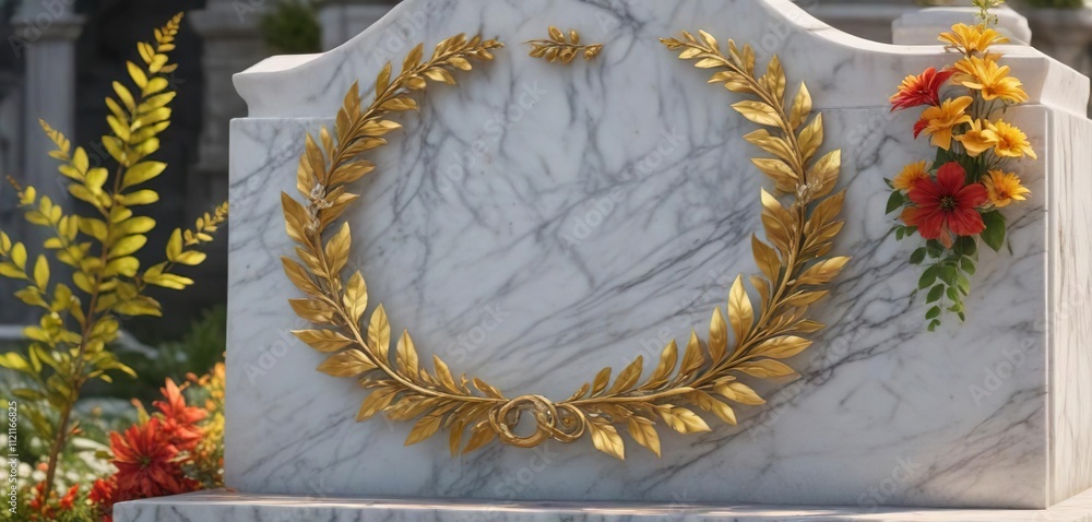 A beautiful gold laurel wreath with leaves and flowers is placed on a marble tombstone in an ancient graveyard, nature-inspired decor, antique decor A beautiful gold laurel wreath with leaves and flowers is placed on a marble tombstone in an ancient graveyard, nature-inspired decor, antique decor