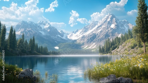 Serene Mountain Lake Scene With Snow Capped Peaks