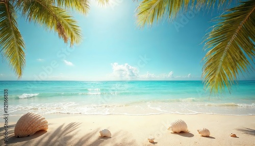 Tropical Paradise:  Escape to a serene oasis with this idyllic beach scene, where swaying palm trees frame the shimmering turquoise water, inviting you to relax and unwind.