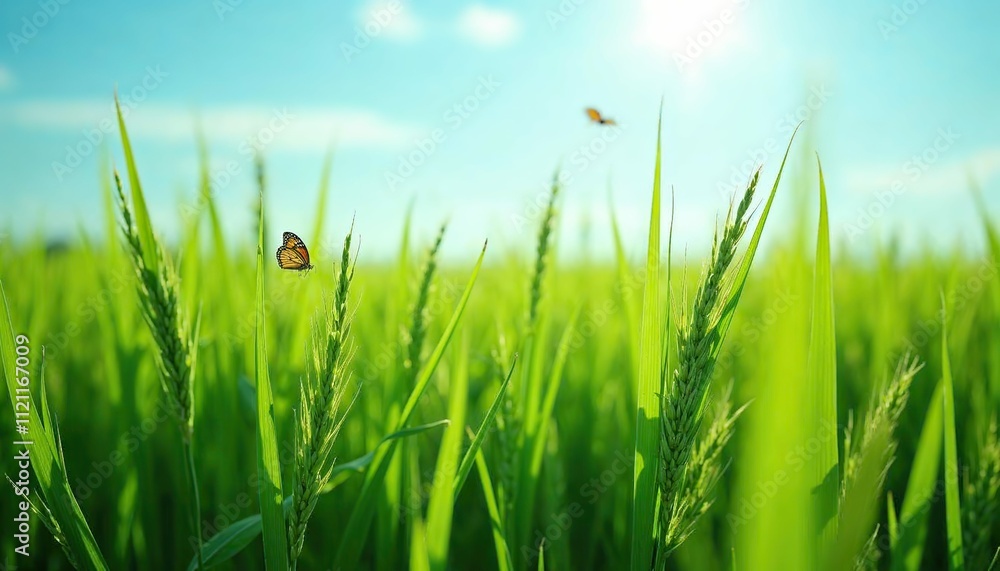 Obraz premium Butterflies Dancing in the Summer Sun: A field of vibrant green grass sways gently in the warm breeze, bathed in the golden light of a summer day. Butterflies flit through the air.
