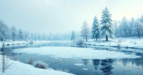 Winter landscape with a frozen pond and snowy trees, frosty weather, peaceful scenery