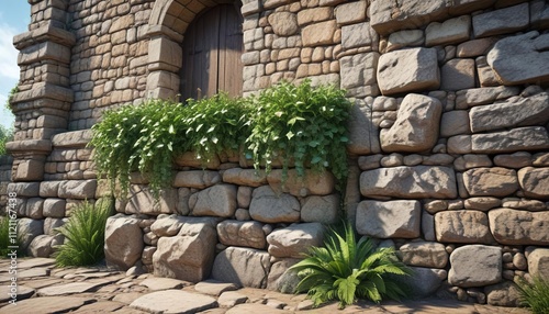 Fortress wall embrasure with weathered stones and plants, fortress wall, overgrowth