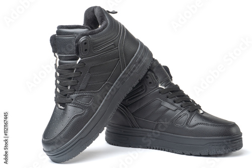 winter warm black leather sneakers isolated on white. sports shoes photo