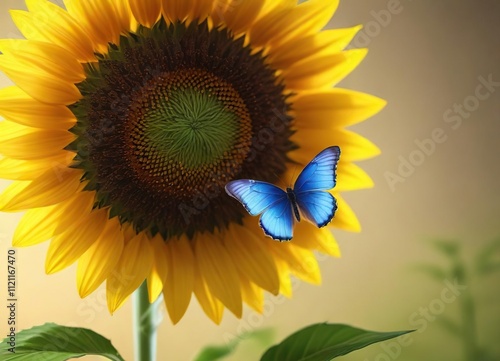 In a warm sunlight a tiny blue butterfly alights upon the cheerful yellow petals of a large sunflower with tall green stem , nature photography, outdoor photo