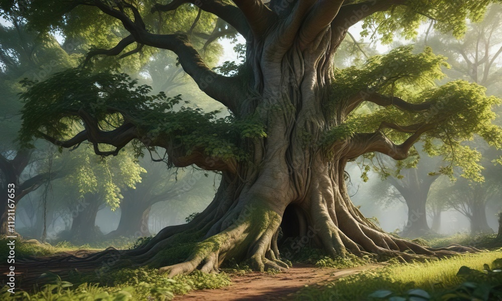 Fototapeta premium A sprawling vine covers the trunk of a massive tree with its leaves and tendrils, greenery, green canopy