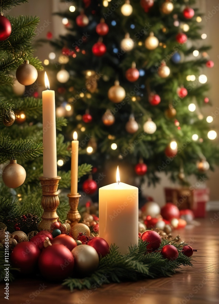 An Advent candle placed in front of a Christmas tree with ornaments and lights, twinkling lights, serene atmosphere, advent candle An Advent candle placed in front of a Christmas tree with ornaments and lights, twinkling lights, serene atmosphere, advent candle