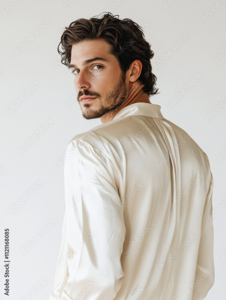 Elegant man in silk pajamas looking over his shoulder with confidence Elegant man in silk pajamas looking over his shoulder with confidence
