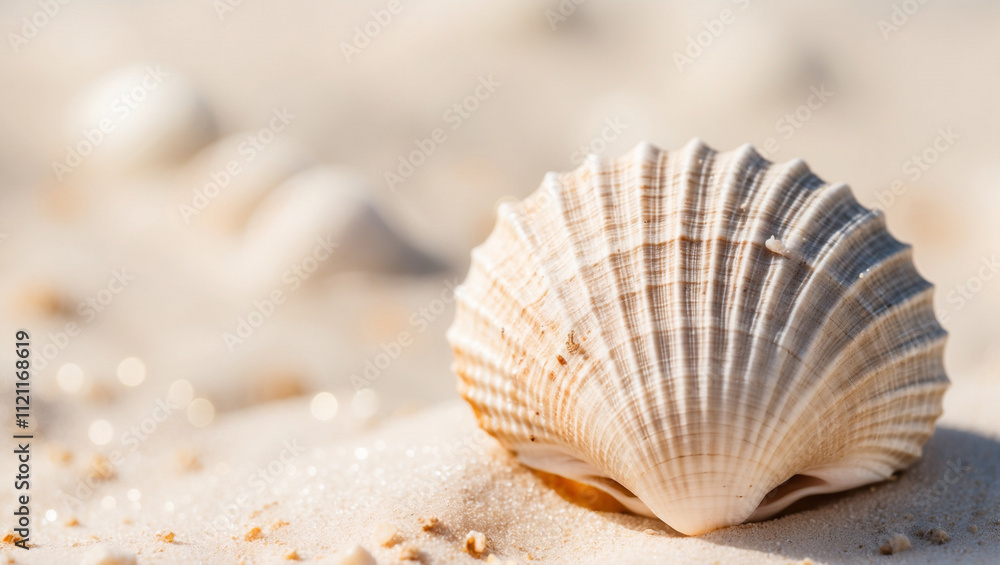 Weathered Seashell with Intricate Lines and Abrasions on Soft Sand Background Weathered Seashell with Intricate Lines and Abrasions on Soft Sand Background