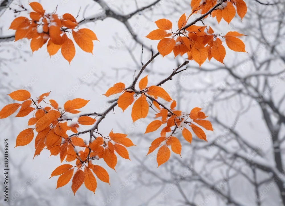 Snowy branch with vibrant orange leaves against a pale winter sky, orange leaves, frosty, frozen landscape Snowy branch with vibrant orange leaves against a pale winter sky, orange leaves, frosty, frozen landscape