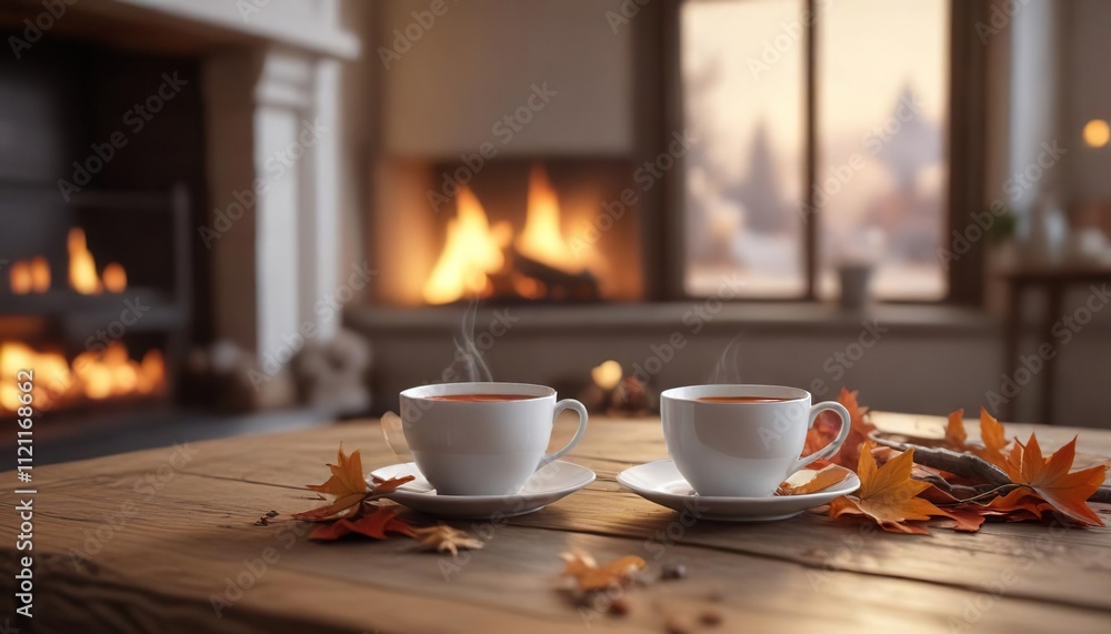 The warm light of a fireplace casts a cozy glow over a winter wonderland scene with scattered autumn leaves and a delicate white cup of tea on a wooden table , tea, winter wonderland The warm light of a fireplace casts a cozy glow over a winter wonderland scene with scattered autumn leaves and a delicate white cup of tea on a wooden table , tea, winter wonderland