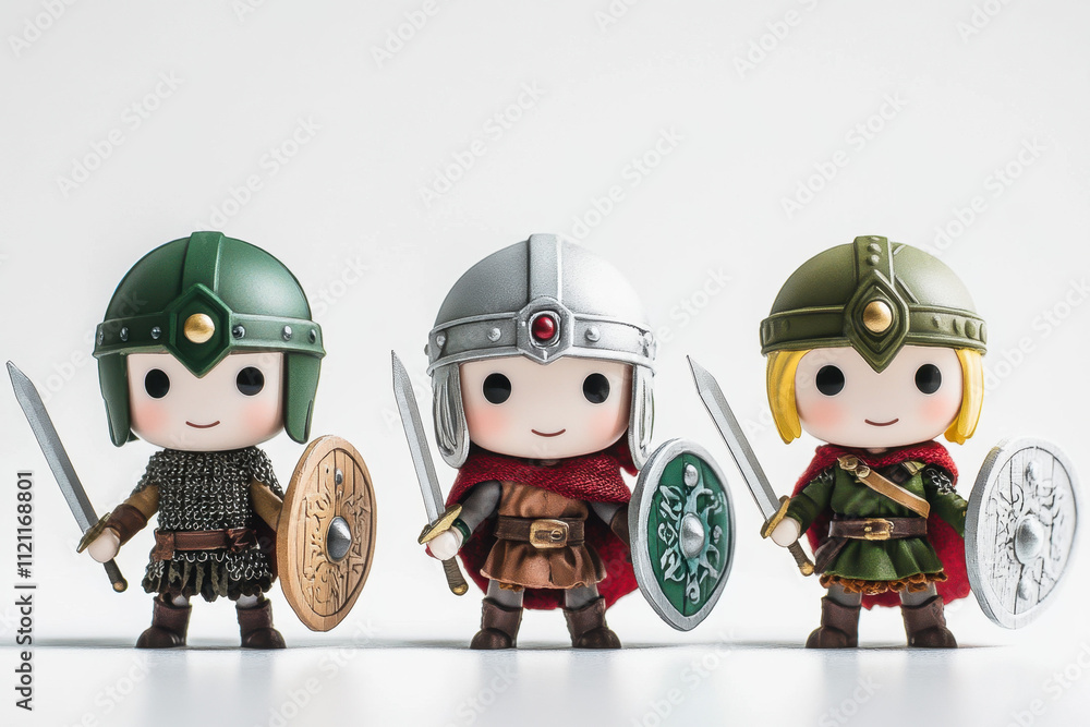 Fototapeta premium Three cute warrior figurines with helmets, swords, and shields, standing confidently in battle-ready poses on a white background.
