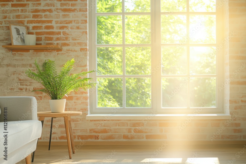 Cozy living room with a brick wall and a window with sun rays, a plant on a side table near a sofa in a home interior. A bright, sunny day outside through the glass of the window. Cozy living room with a brick wall and a window with sun rays, a plant on a side table near a sofa in a home interior. A bright, sunny day outside through the glass of the window.