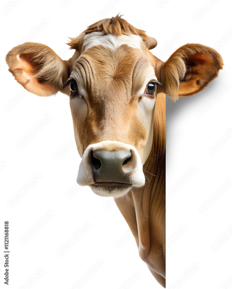 Brown Cow peeking around corner isolated on transparent background Brown Cow peeking around corner isolated on transparent background