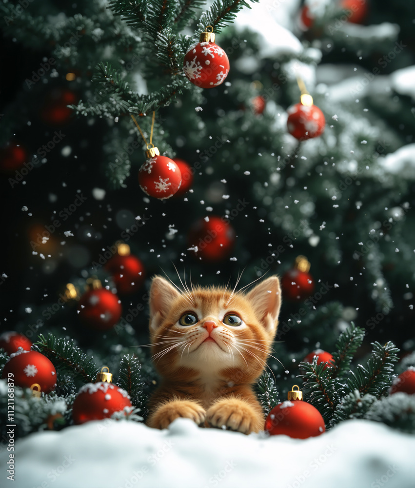 Obraz premium Close up of a ginger kitten sitting in snow under Christmas tree with red ornaments. Christmas, New Year's day vertical banner, poster, background, postcard, card