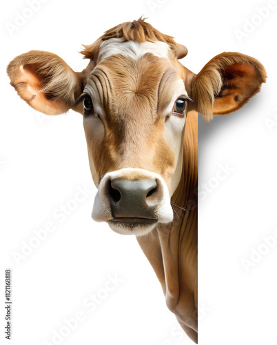 Brown Cow peeking around corner isolated on transparent background