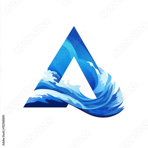 A stylized blue triangle, with flowing blue wave patterns around and inside it.

