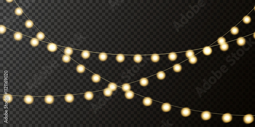 Christmas garland straight, wave, glowing yellow bulbs. Decor for New Year, wedding, birthday, events and parties. Set of different garlands for use in advertising invitations, web banners.