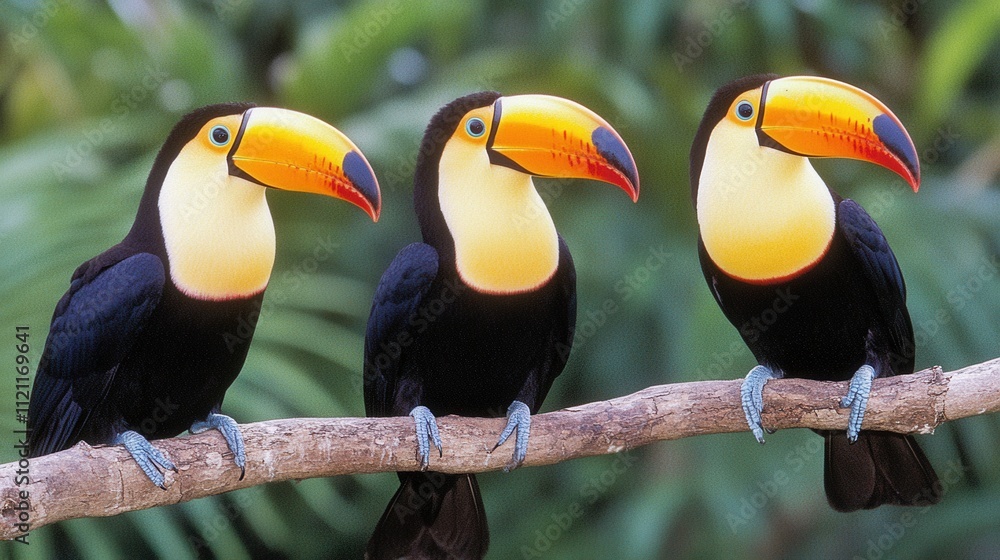 Fototapeta premium Vibrant Toucans Perched on Branch in Tropical Jungle Setting