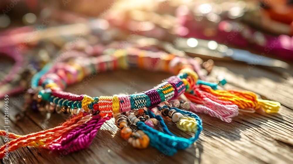 Fototapeta premium A close-up shot of a handmade woven friendship bracelet with a variety of colorful threads, beads, and scissors on a wooden table. The sunlight highlights the intricate details of the craft 