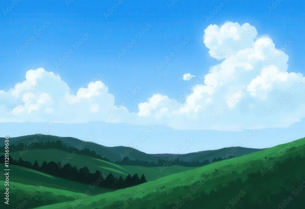 Rolling Green Hills under Blue Sky with Clouds Rolling Green Hills under Blue Sky with Clouds
