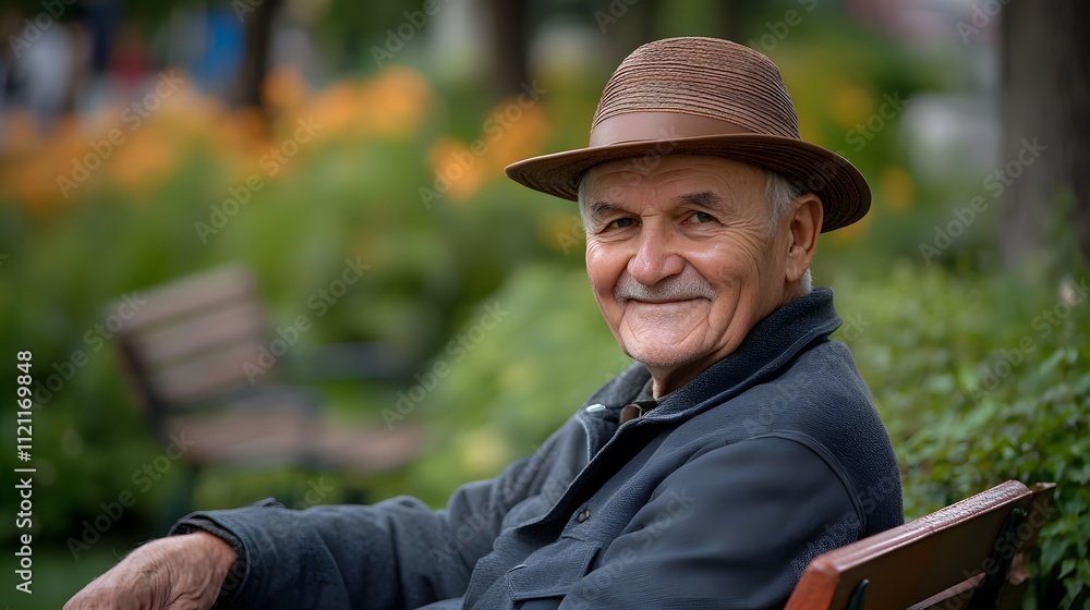 70. An elderly man with a distinctive hat and a cheerful smile, relaxing on a park bench surrounded by nature 70. An elderly man with a distinctive hat and a cheerful smile, relaxing on a park bench surrounded by nature