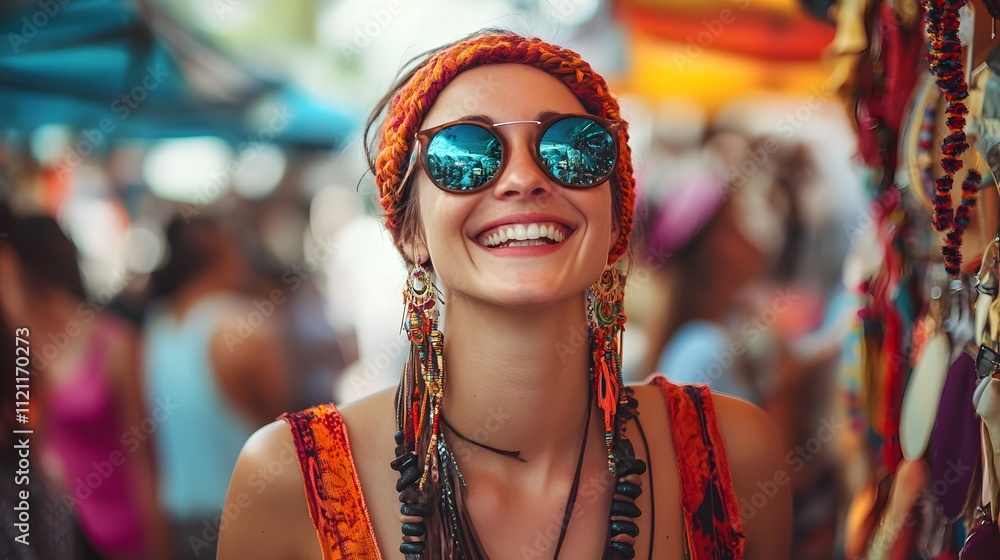 56. A person with a unique fashion accessory and a bright smile, wandering through a vibrant street fair 56. A person with a unique fashion accessory and a bright smile, wandering through a vibrant street fair