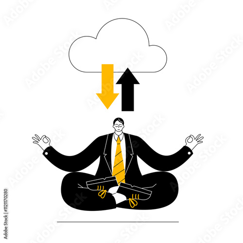 Businessman's Meditation. Balancing Data in the Cloud. Vector illustration in linear style. The theme of training neural networks and artificial intelligence in a database from the cloud.