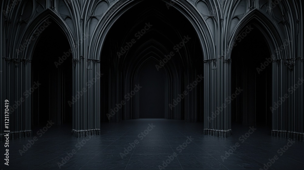 Obraz premium Gothic architecture interior dark cathedral photography dramatic lighting wide angle mysterious atmosphere