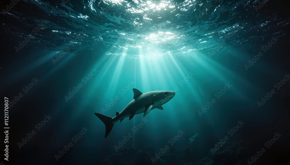 Obraz premium Shark swimming in the deep ocean under dramatic light rays