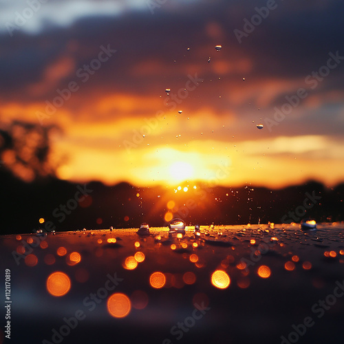 A vibrant sunset over water. A water droplet falls, creating ripples.

